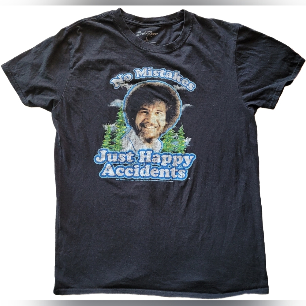Bob Ross Unisex Black Crew Neck Short Sleeves Graphic T-Shirt- Large - GUC
